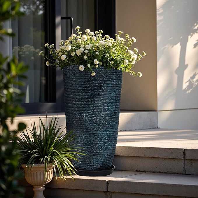 QCQHDU Set of 2 Large Tall Blue Planters with Saucer - 9 Gallon 12" Diameter x 21" H Faux Stone Round Pots for Indoor Plants, Outdoor Patio & Porch Decor, Heavy Duty Weatherproof Plant Containers