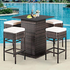 Tangkula 5 Piece Outdoor Rattan Bar Set, Patio Bar Furniture with 4 Cushions Stools and Smooth Top Table with Hidden Storage Shelf, Outdoor Conversation Set for Poolside, Backyard, Lawn