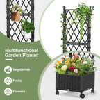 Planter Box with Trellis, 4ft Tall Self-Watering Plastic Raised Garden Beds and Lattice Trellis with Lockable Wheels & Drain Plug for Outdoor Patio Backyard Balcony, Black, 1 Pc