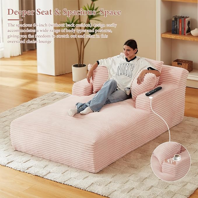 78.7" Chaise Lounge Chair Indoor, Oversized Boneless Couch Comfy Upholstered Sleeper Sofa Bed with 3 Pillows, Corduroy Cloud Reading Chair for Living Room No Assembly Required, Pink