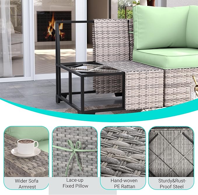 11-Piece Outdoor Patio Furniture Set with Rocking Swivel Chair Wicker Sectional Sofa Set, Patio Conversation Set with Ottomans & Coffee Table for Garden, Backyard, Poolside, Light Green