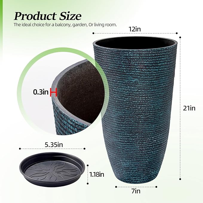 QCQHDU Set of 2 Large Tall Blue Planters with Saucer - 9 Gallon 12" Diameter x 21" H Faux Stone Round Pots for Indoor Plants, Outdoor Patio & Porch Decor, Heavy Duty Weatherproof Plant Containers