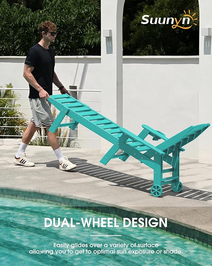 Chaise Lounge Outdoor, Lounge Chair Outdoor with Wood Texture, Adjustable 5-Position Backrest, HDPE Lounge Chair with Wheels & Cup Holder for Pool Deck Backyard,Lake Blue