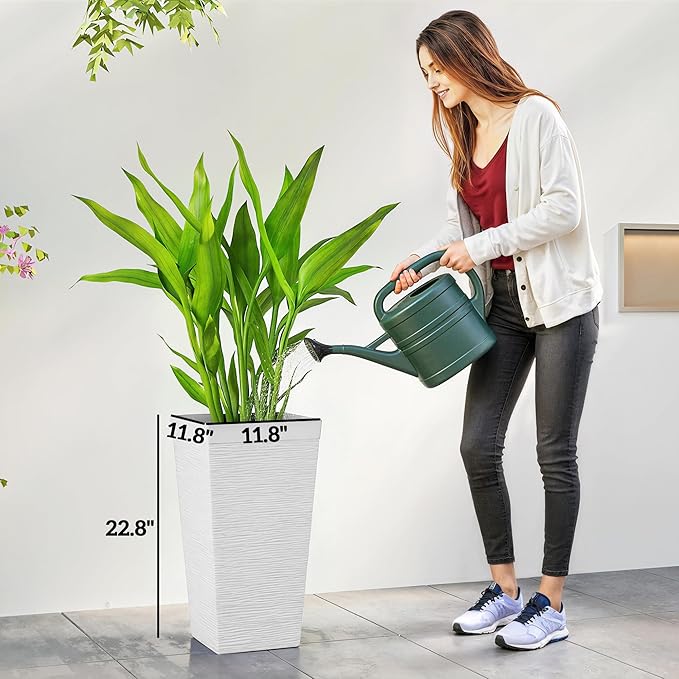 Outsunny 22.8 Inch Tall Planters for Outdoor Plants, Set of 3 Plastic Flower Pots with Stone Finish and Wheels, Stackable Tapered Planters with Drainage Hole for Indoor Plants, Front Porch, White