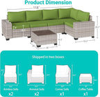 6-Piece Outdoor Patio Furniture Set Wicker Sectional Sofa Set, Patio Conversation Set with Thickened Cushions & Coffee Table for Garden, Backyard, Poolside, Avocado Green