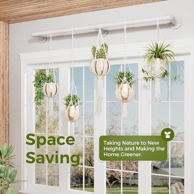 Bamworld Window Plant Hanger Indoor 63in Hanging Planters for Indoor Plants Hanging Plants Holder Hanging Rod Window Plant Shelves Wall Planters Pot/Chain/Plant Not Included (White)
