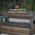Keter Signature 60 Gallon Storage Bench Deck Box for Patio Furniture, Front Porch Decor and Outdoor Seating – Perfect to Store Garden Tools, Walnut