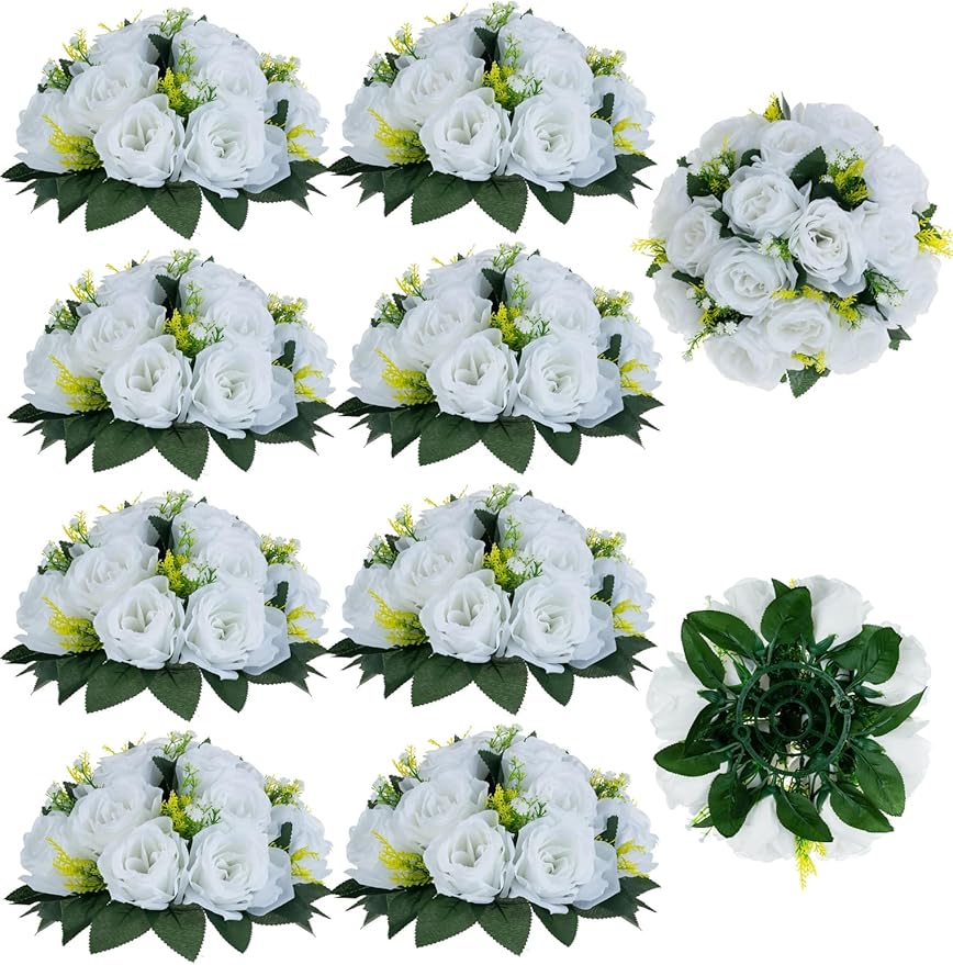 Artificial Flowers: White Faux Silk Rose Ball Centerpiece, 3-in-1