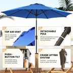 Ayge 9FT Large Outdoor Patio Umbrella Market Table Umbrella-UV Resistant, Easy Push Button Tilt and Crank, 8 Sturdy Fiberglass Ribs Heavy-Duty Pool Umbrella for Deck, Backyard,Garden,Blue