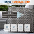 Wisteria Lane 5 Piece Patio Furniture Set, Wicker Outdoor Patio Conversation Furniture Set, All Weather Outdoor Patio Sofa with Cushion and Glass Table, Grey