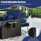 HAPPYGRILL Patio Rattan Wicker Daybed with Loveseat & Storage Ottoman, Outdoor Lounge Sofa Furniture Set with Adjustable Backrest & Side Trays, for Poolside Deck Porch Lawn (Black & Navy)