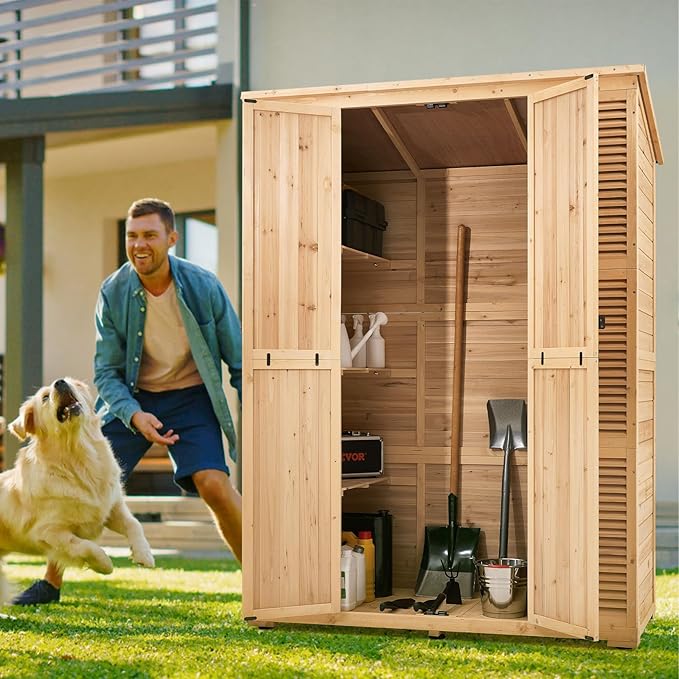 VEVOR Outdoor Storage Shed, Oversize Wooden Outside Storage Cabinet with Waterproof Roof and Metal Frame, Double Lockable Doors Garden Tool Shed Storage House Cabinet with Shelves & Floor, 58"x27"x78"