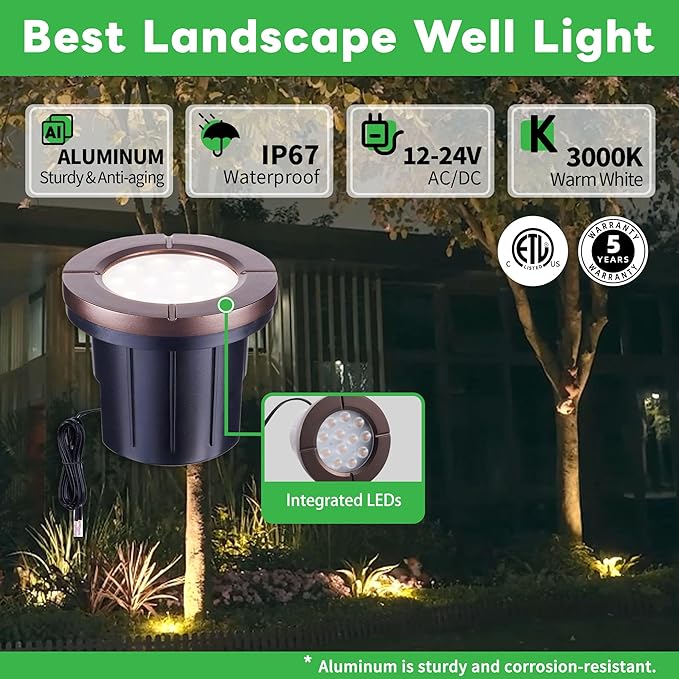 Landscape Well Lights, LED Low Voltage Ground Lights Outdoor, 12V IP67 Waterproof, Bright Wired Aluminum ORB for Driveway Walkway Path Tree 6W 580LM