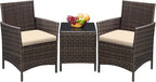 Greesum 3 Pieces Patio Furniture Sets Outdoor PE Rattan Wicker Chairs with Soft Cushion and Glass Coffee Table for Garden Backyard Porch Poolside, Brown and Beige