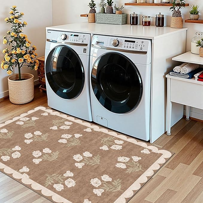 Outdoor Rug, 3x5 Tan Floral Entry Mat, Machine Washable