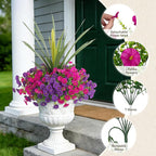 Artificial Flowers for Outdoors Fake Plants Outside, 12 Bundles Silk Morning Glory with Eucalyptus + Orchid Leaf UV Resistant Realistic Faux Flowers for Porch Planter Garden Patio (Purple Fuchsia)