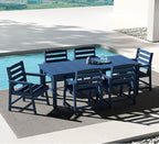 5-Piece Navy Blue Outdoor Dining Set with White 11FT Large Patio Umbrella, 75.2'' HDPE Table & Chairs for 8, Weather-Resistant Furniture with Umbrella Hole for Patio, Lawn, Poolside