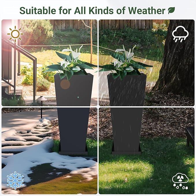 Tall Planters 30" H - 2 Pack, Tapered Pots with Drainage Insert Shelve & Trays, Metal Outdoor Planter Box for Porch, Garden, Patio, Yard (Black)