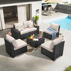 6 Pieces Patio Furniture Set All-Weather Outdoor Wicker Sectional Conversation Sofa Rattan Patio Seating Sofa with Cushion and Glass Table for Porch Poolside,Beige