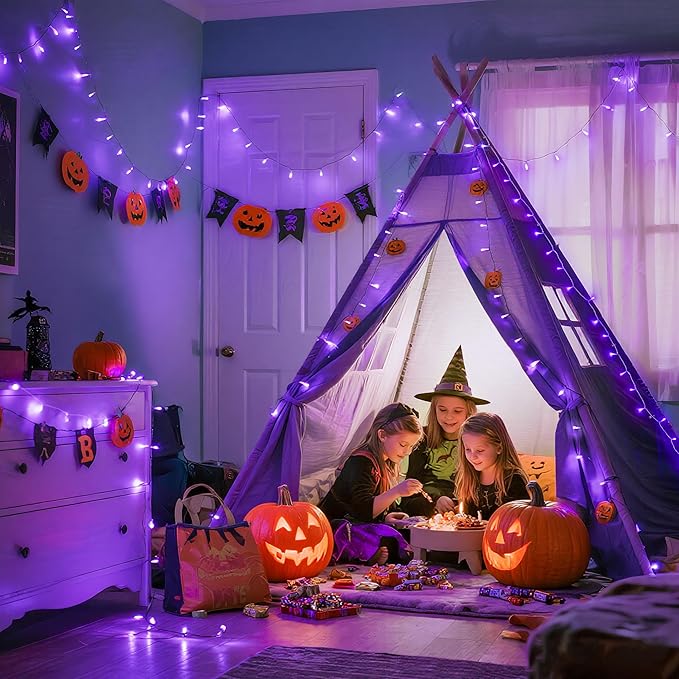 String Lights, 168 ft Purple LED Halloween Outdoor with Remote Control