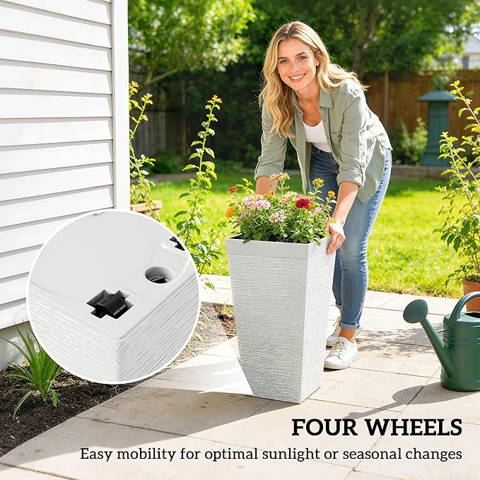 Outsunny 22.8 Inch Tall Planters for Outdoor Plants, Set of 3 Plastic Flower Pots with Stone Finish and Wheels, Stackable Tapered Planters with Drainage Hole for Indoor Plants, Front Porch, White