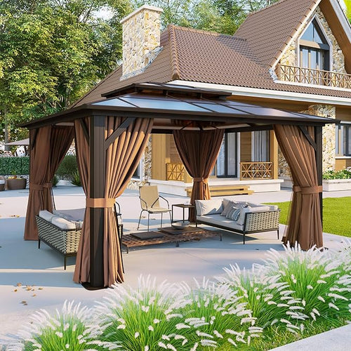 12'x10' Hardtop Gazebo, Aluminum Frame Permanent – Brown
