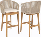 Christopher Knight Home Zax Set of 2 Patio Barstool, Acacia Wood & Rope Outdoor Counter Stool with Backrest/Footrest, Barstool Chairs with Cushion Seating for Backyard Balcony Garden, Beige + Teak