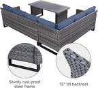 Belord Outdoor Sectional Sofa 6 Seater L Shaped Couch Wicker Patio Conversation Furniture Set with Tree-Grain Finish Metal Dining Table, Rattan Outdoor Furniture with Removable Washable Cushion Blue