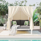 Merax Outdoor Patio Daybed with Soft Cushions and Curtains, Double Chaise Lounge Sunbed with Rubber Core Rope Backrest and Comfy Pillows for Outside Pool, Garden, Backyard, Lawn, Gray+Beige