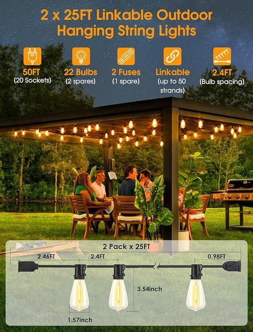 50FT(2x25FT) Outdoor String Lights, Patio Lights with 20+2 LED Dimmable Waterproof ST38 Vintage Bulbs for Backyard Bistro Cafe Deck, Black