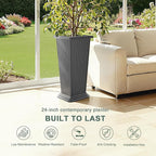 Set of 2 Tall Planters with Drainage Tray, 24 Inch Large Flower Pots for Indoor Outdoor Plants Mordern Planter Weather-Resistant for Patio, Front Door Decor, Garden (Gray Ribbed)