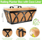 Riare 2 Pack 16 Inch Metal Railing Planter Window Box with Coco Liner- Adjustable Window Flower Boxes for Railings, Hanging Rail Planters for Deck, Balcony, Porch, Fence, Indoor Outdoor Plants