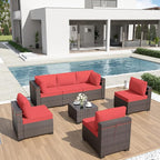 ALAULM Patio Furniture Set with Coffee Table, 7 Pieces Outdoor Sectional with Wide Seat and Thick Cushion, All Weather Wicker Rattan Conversation Set for Backyard, Garden, Deck, Red