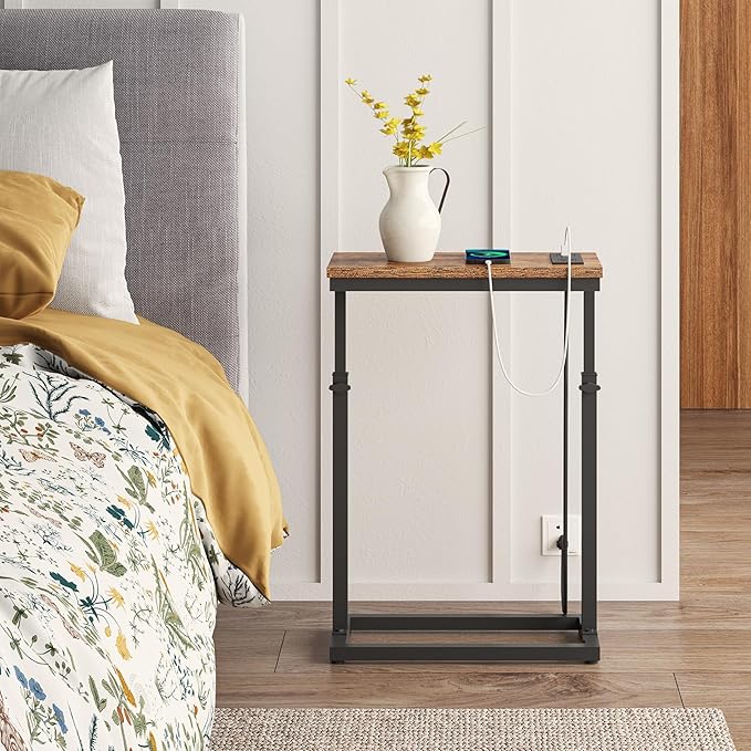 TUTOTAK End Table with Charging Station, Side Table, Tall Couch Table, Sofa Table, Living Room, Bedroom,Brown TB01BB084