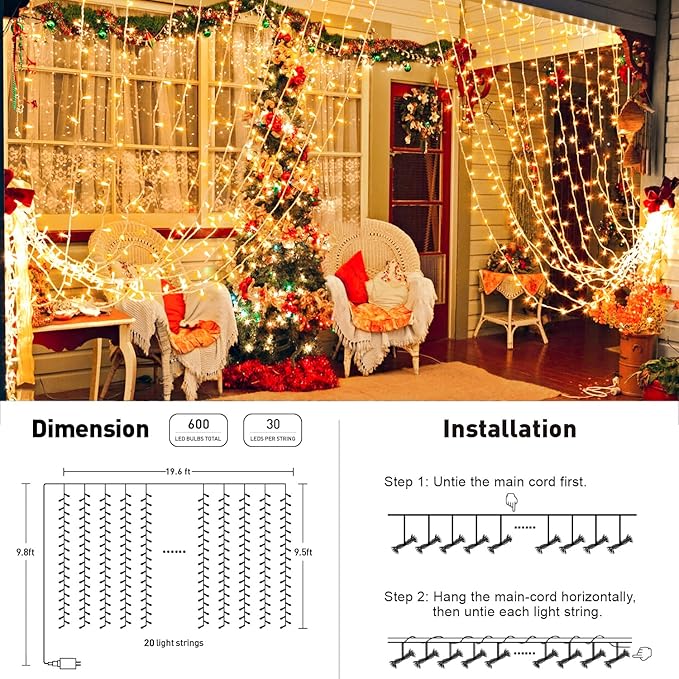 Indoor String Lights, 600 LED Warm White Curtain with Remote