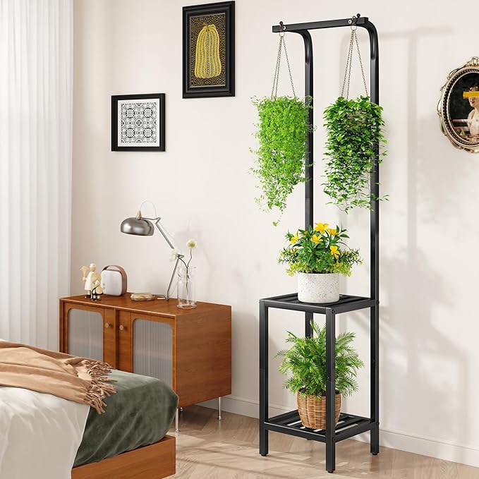 IBUYKE 67 Inch Tall Plant Stand Indoor Outdoor, 3 Tier Metal Hanging Plant Shelf for Multiple Plant, Heavy Duty Plant Holder Flower Stand for Living Room Patio Balcony Garden, Black TMJ076B