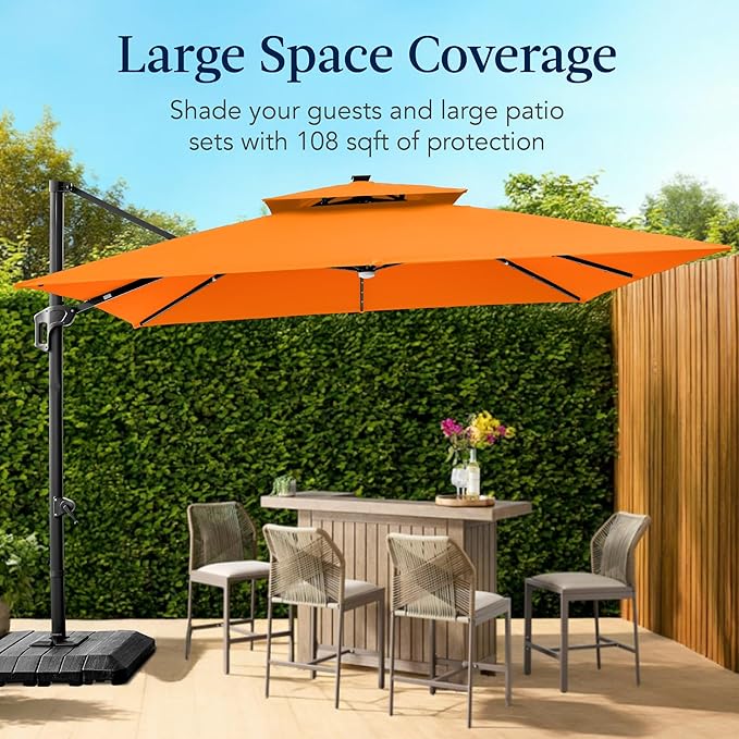Best Choice Products 9x12ft LED Cantilever Patio Umbrella w/Base Included & 360° Rotation, Large Solar Offset Hanging Outdoor Sun Shade for Deck, Backyard Table w/Stand & Lights – Orange