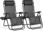 NEWBULIG Zero Gravity Chair Set of 2, Lounge Chair Folding Portable Adjustable Camping Reclining Chairs with Adjustable Pollow, Mesh Back, Cup Holder Trays Lawn Patio Chair for Pool Beach - Black