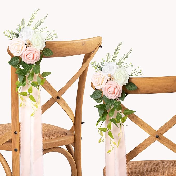 Artificial Flowers Set of 10 Pink Rose Pew Decor with Ribbon Ties