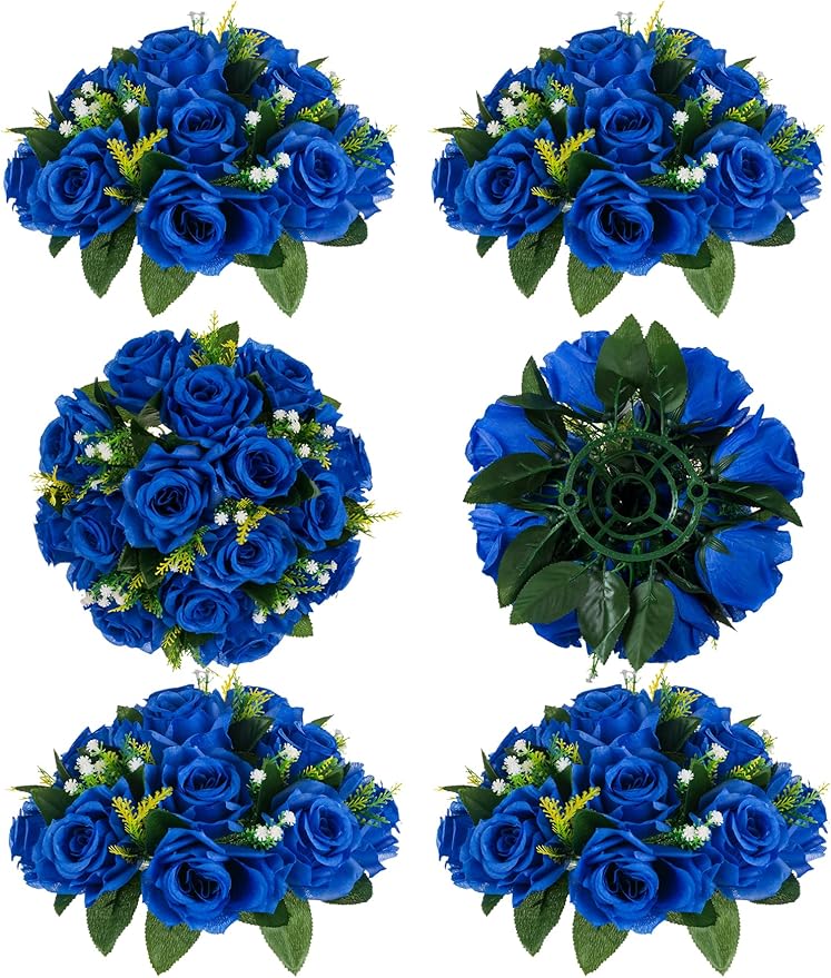 Artificial Flower Balls, Royal Blue Silk Roses, 3-in-1 Centerpiece