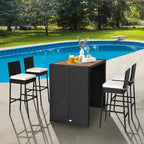 Tangkula 5 Piece Patio Wicker Bar Set, Patiojoy Outdoor Acacia Wood Bar Height Table & 4 Rattan Bar Stool Chairs with Backrest and Footrest, Outdoor Dining Bistro Set