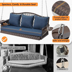 Upgraded Wicker Hanging Porch Swing Heavy Duty 900 LBS 3-Seat Outdoor Patio Swing Chair Bench for Adult w/ 8.9ft Hanging Chains Cushions and Cup Holder