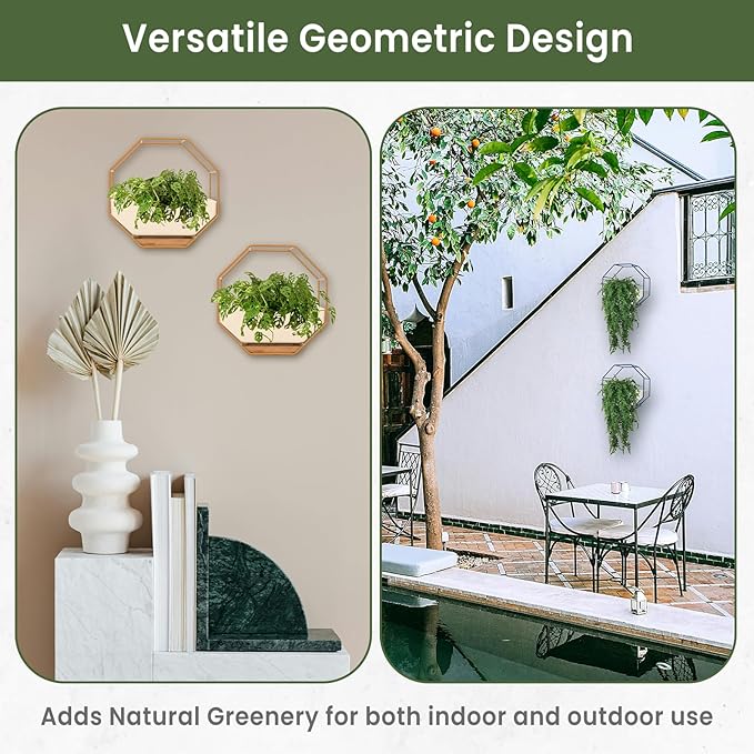 IRYL Wall Planter for Indoor Plants - Ceramic Wall Hanging Planter Set with Bamboo Tray & Hooks - Decorative Wall Plant Holder - Modern Wall Planters for Vertical Garden Home Decor - Golden