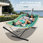 SUPERJARE Curved-Bar Hammock with Stand, 2 Person Heavy Duty Hammock Frame, Detachable Pillow & Portable Carrying Bag, Perfect for Outdoor & Indoor, Thin Blue and Green Stripes