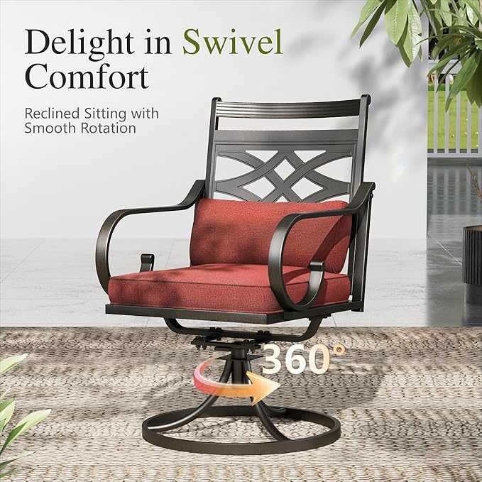 Sophia and William Swivel Patio Dining Set for 6, Outdoor Table and Chairs, Removable Seat Cushions, Black 54" Round Patio Dining Table,Red