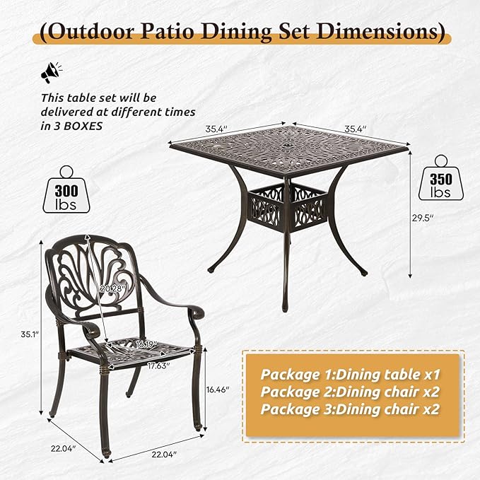 Cast Aluminum Outdoor Patio Dining Set, All Weather Outdoor Furniture Dining Set for Patio, Balcony, Lawn, Garden, Backyard (1 Square Table+ 4 Dining Chairs)