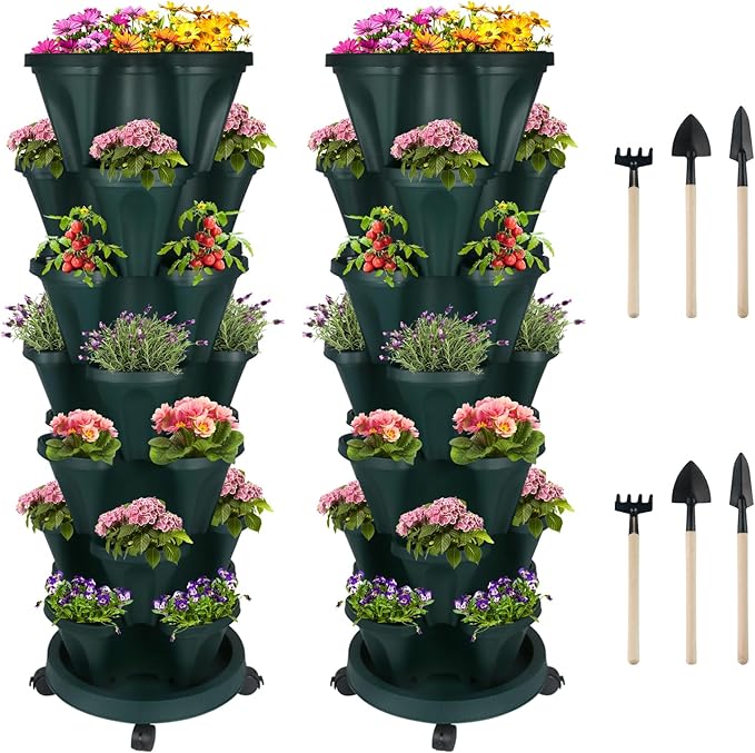 DUNCHATY Stackable Planter, Vertical Garden Planter with Wheels and Tools, Self Watering Strawberry Planter Indoor/Outdoor 7 Tier Herb Planter Pots for Growing Vegetables and Succulents,Pine Green