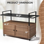 VINGLI Wicker Outdoor Bar Cart with Storage and Wheels, Outdoor Bar Table Serving Cart Rattan Bar Cart with Glass Top and Shelf for Pool, Party, Backyard, Porch (Brown)