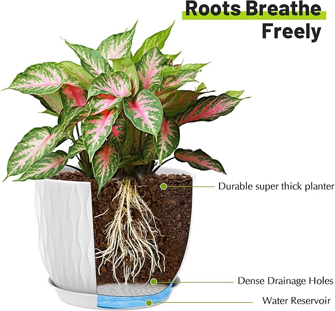 Plastic Plant Pots 10/9/8/7.5/7 inch Set of 5, Flower Planters with Drainage Holes and Saucers, Plastic Pots for Indoor Outdoor Plants, Livingroom Garden Decor (White)