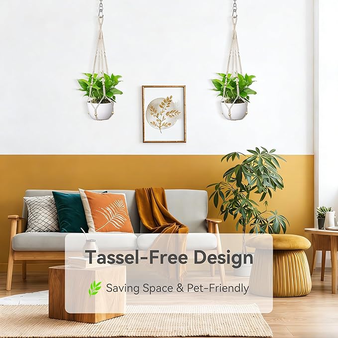 USLAI Macrame Plant Hanger Indoor Outdoor, Fits 4 to 15 Inch Pots, Strong Hanging Planter Holder, Boho Home Decor, 35 Inch, Ivory, Set of 3 (POTS NOT Included)